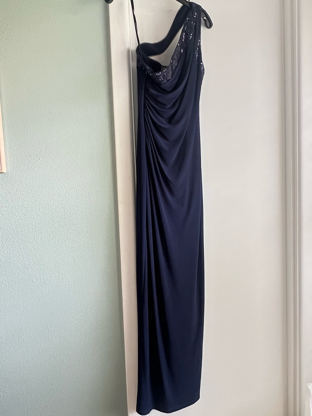 Vince Camuto one-shoulder evening gown with sequins